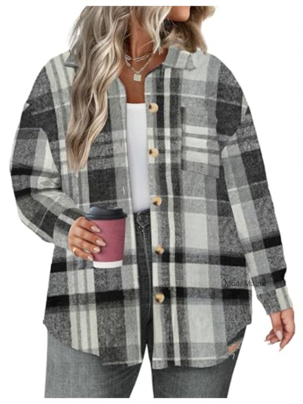 Plus Size Plaid Shacket Jacket Women Long Sleeve Button Down Flannel Shirt